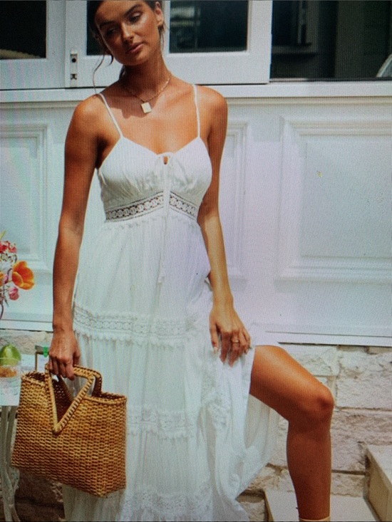 Dresses & Skirts - White Lace-Trim Spaghetti Strap Sundress - Brand boho spaghetti lace trim flare